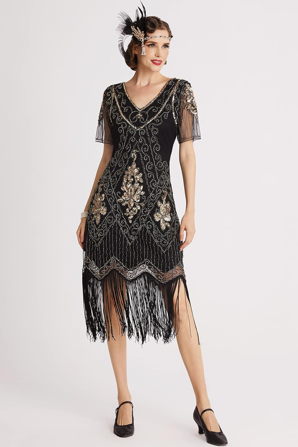 1920S Art Deco Fringed Sequin Dress Roaring 20S Flapper Fancy Dress Gatsby Costume Dress